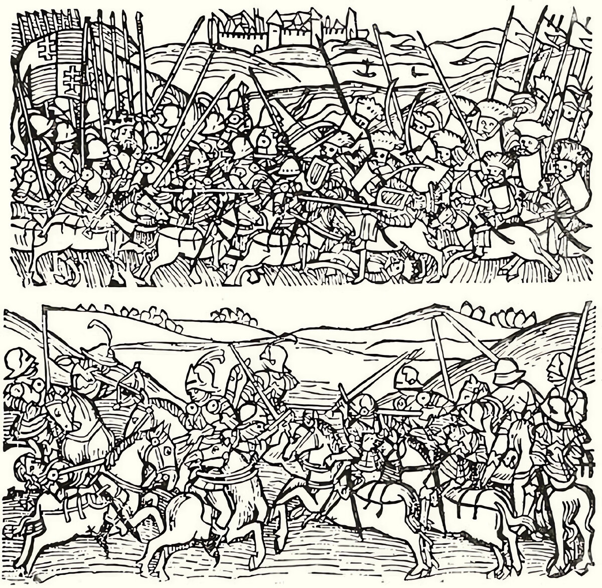 Миниатюры из Хроники Тюрочи (1488). Вверху: рыцари Чёрной армии в боях против турецкой кавалерии. Внизу: тренировки рыцарей