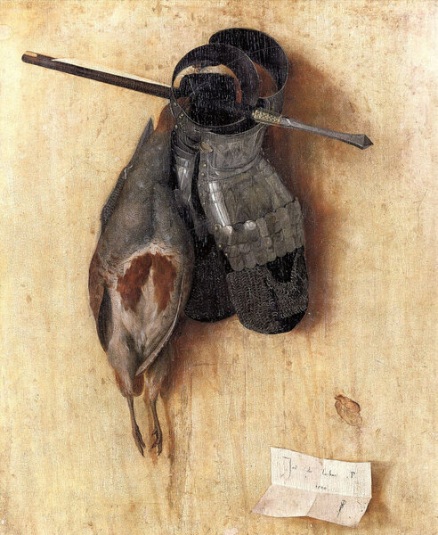 Якопо де Барбари - Вид с куропаткой, латной руковицей и арбалетным болтом, 1504г Тот самый первый натюрморт, о которым я говорил выше.
