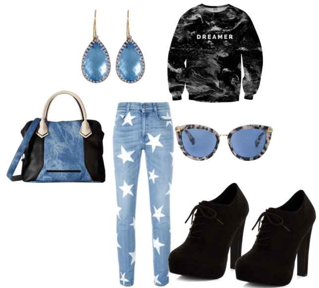 Голубые джинсы со звёздами, свитшот, ботиночки на шнуровке, сумочка, серьги, очки
