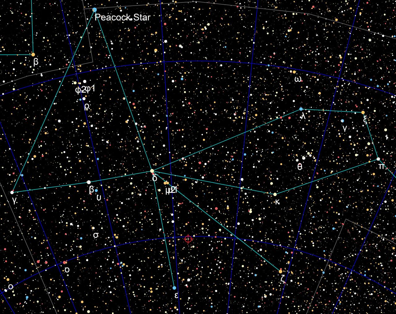 Звезда HD 186302 (выделена красным) в созвездии Павлина. Фото © Wikipedia 