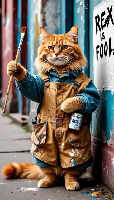Довольный рыжий кот в одежде маляра с кистью и банкой белой краски