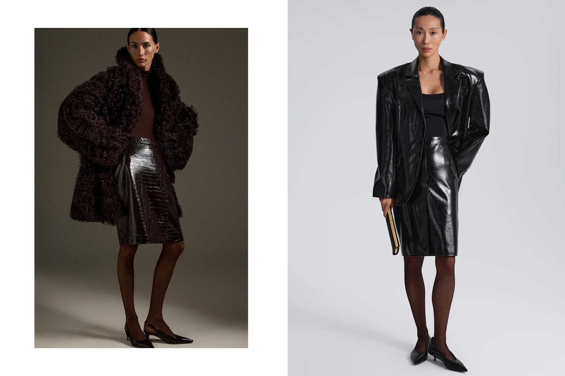 Слева: юбка миди с лаковым покрытием вишнёвого цвета / юбка из лакированной кожи