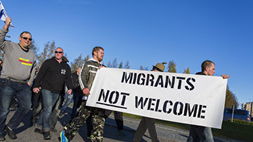 Антимиграционный митинг в городе Торнеа на границе Швеции и Финляндии