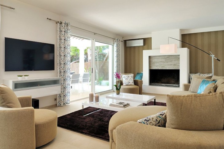 fabulous modern living room in white and brown with beautiful striped accent wall