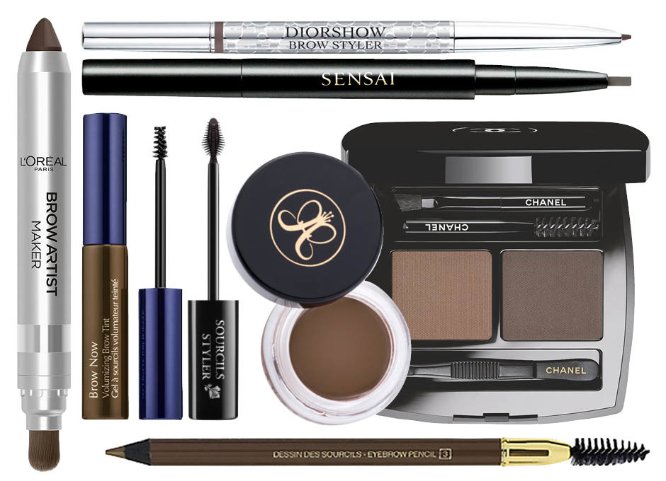 1. Маркер L'Oreal Paris Brow Artist; 2. Diorshow Brow Styler; 3. Sensai Eyebrow Pencil; 4. Тушь Estée Lauder Brow Now; 5. Гель Lancôme Sourcils Styler; 6. Помада Anastasia Beverly Hills Dipbrow Pomade; 7. Палетка теней Chanel La Palette Sourcils de Chanel; 8. Карандаш Yves Saint Laurent Dessin Des Sourcils 