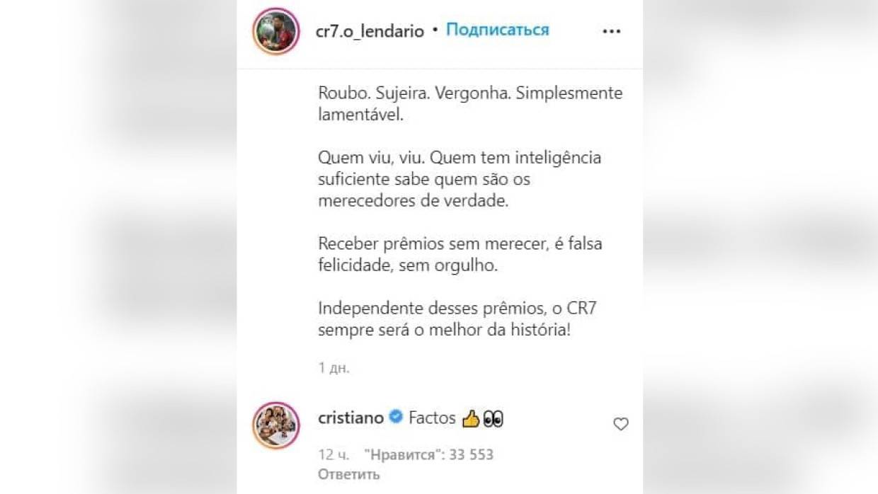 Роналду одним словом прокомментировал пост фанатов о незаслуженном «Золотом мяче» Месси Спорт