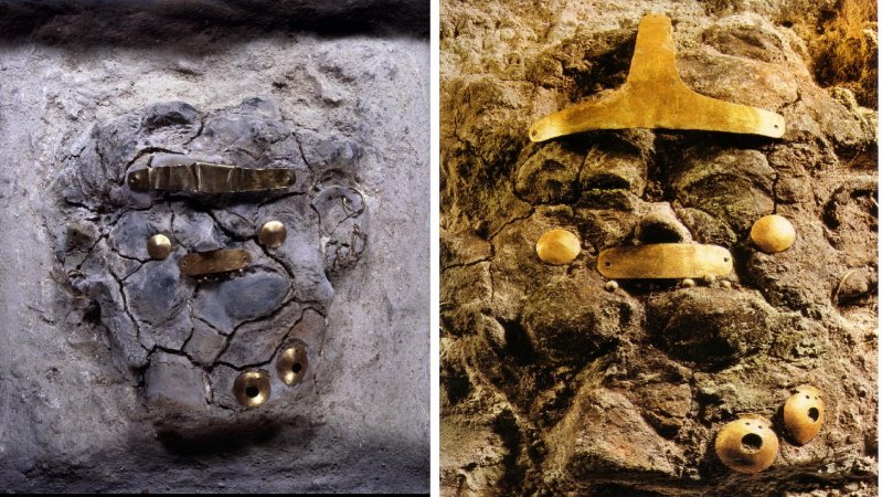 Две маски из слабо обожженной глины из кенотафов. археология, гробница, захоронение, золото, интересно, мумия, раскопки, скелет