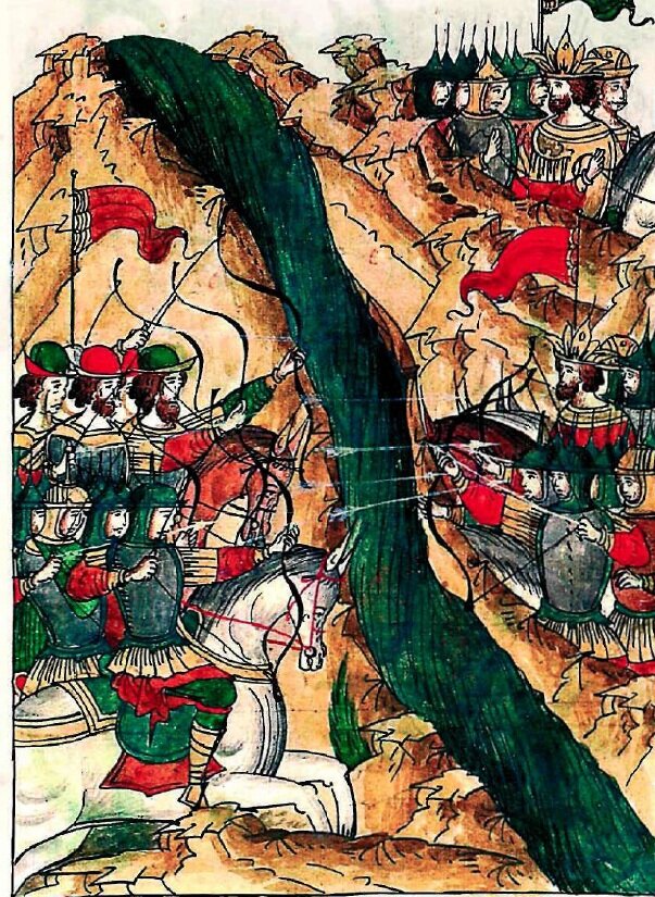 Перестрелка между русскими полками и татарами Ислам-Гирея на Оке. Рисунок из Лицевого свода.
