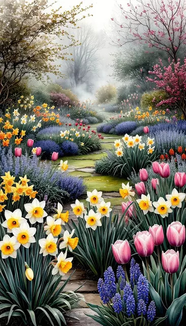 Красивый туманный пейзаж, садовые весенние цветы