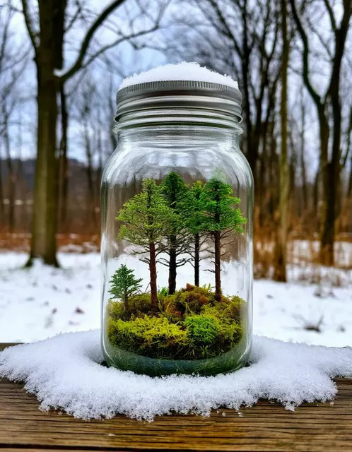 Летний микромир в закрытой банке на заснеженном столе