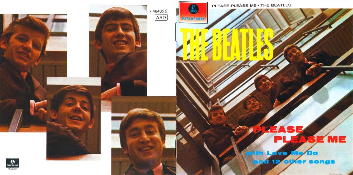 Конверт альбом The Beatles"Please Please Me". Parlophone Records "подстраховались" подзаголовком "Love Me Do и еще 12 песен". Единственный альбом с порядком авторства McCartney/Lennon. Со следующего стало Lennon/McCartney.