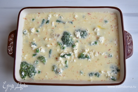 Смешать яйца с молоком и мукой. Взбить венчиком, чтобы не было комочков, и влить поверх овощей. Немного постучать формой о поверхность столешницы, чтобы смесь равномерно распределилась. Запекать в духовке, разогретой до 180°C, 40–45 минут. Чтобы верх запеканки не сильно подрумянился, желательно на первые 20 минут накрыть запеканку фольгой.