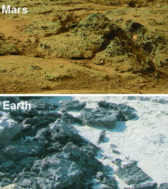 Марсианские структуры по сравнению с аналогичными структурами в Западной Австралии, вызванными микробной эрозией (фото NASA/ Nora Noffke).