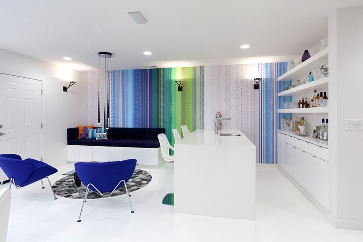 modern living room with colorful striped wall accent as focal point