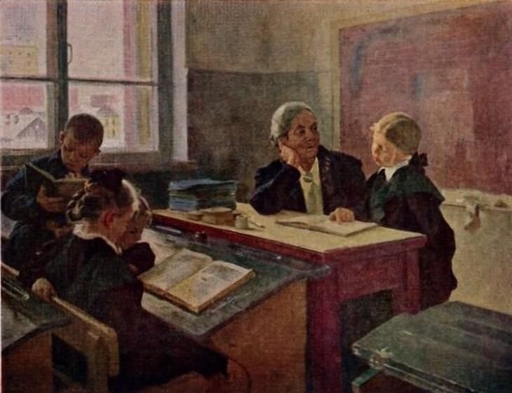 Открытка «После уроков», художник Д. Пускин, 1955 год.