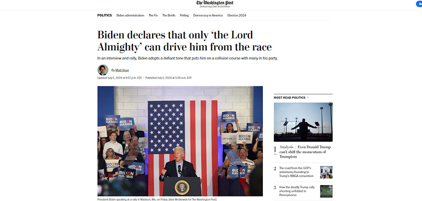    Джо Байден утверждает, что из президентской гонки его выбить может "только Господь Всемогущий". Скриншот страницы сайта The Washington Post