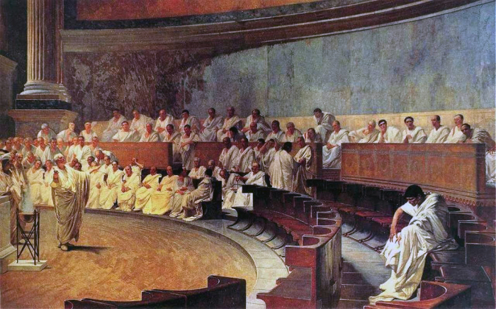 Заседание римского Сената: Цицерон обвиняет Катилину. Фреска XIX в Палаццо Мадама, Рим.
