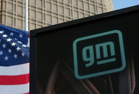 The new GM logo is seen on the facade of the General Motors headquarters in Detroit, Michigan, U.S., March 16, 2021. Picture taken March 16, 2021. REUTERS/Rebecca Cook