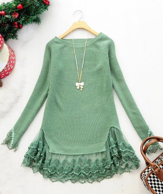 Green long sleeve contrast lace pullovers sweater>> Must look super cute with leggings!: 