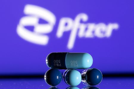Capsules are seen in front of a displayed Pfizer logo in this illustration taken December 11, 2021. REUTERS/Dado Ruvic/Illustration 