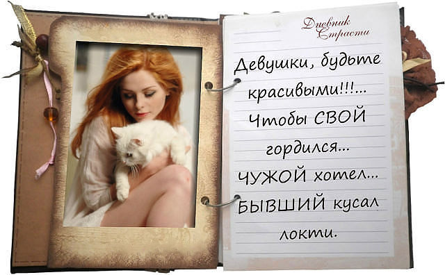 Фото Открытый дневник (Дневник Страсти), девушка сидит с белым котом в руках (Девушки, будьте красивыми!!!... Чтобы СВОЙ гордился... Чужой хотел... БЫВШИЙ кусал локти)