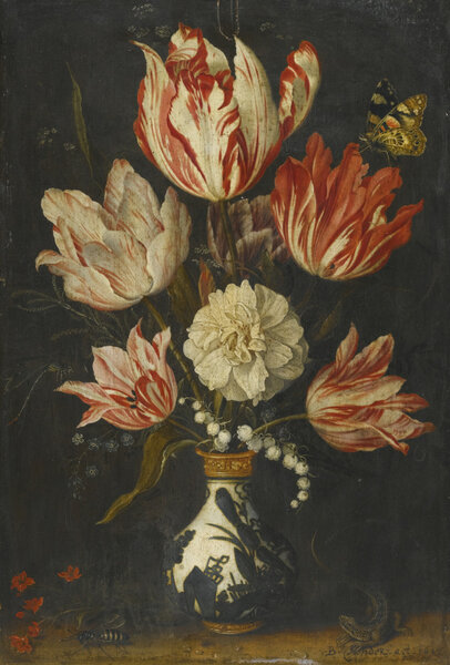 Балтазар ван дер Аст - Натюрморт с пестрыми тюльпанами в вазе и бабочкой, 1625г