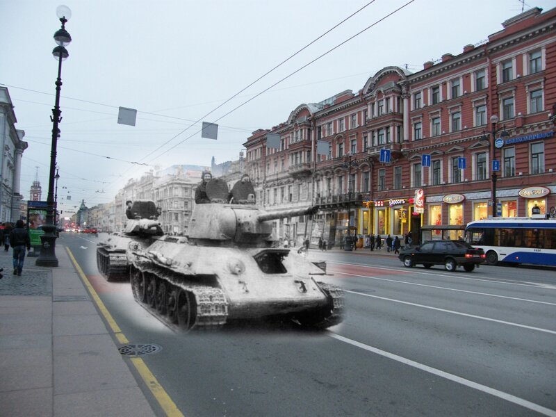 Ленинград 1943-2009 Невский проспект. Танки Т-34-76 образца 1942 и 1940 годов блокада, ленинград, победа