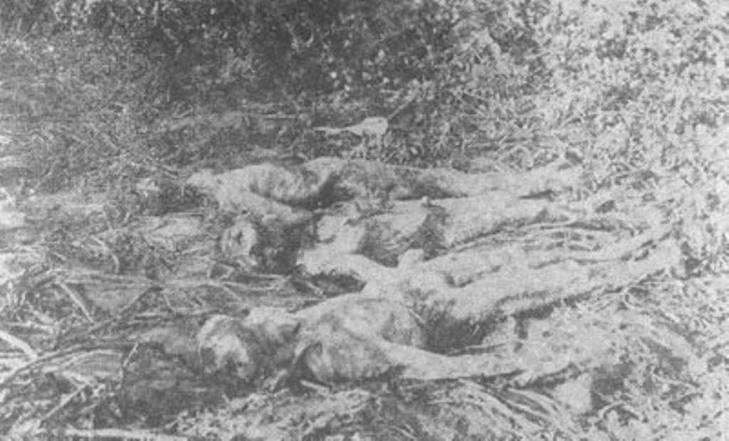 Тела трех рабочих-заложников с бастовавшего завода. У среднего, А. Иваненко, выжжены глаза, отрезаны губы и нос. У других — отрублены кисти рук. 