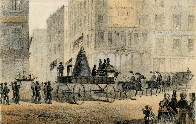 An 1861 engraving showing the cable's progression down Broadway.