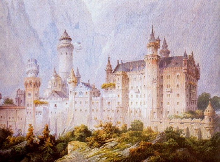 Проектный рисунок замка Нойшванштайн, 1869 год. | Фото: commons.wikimedia.org.