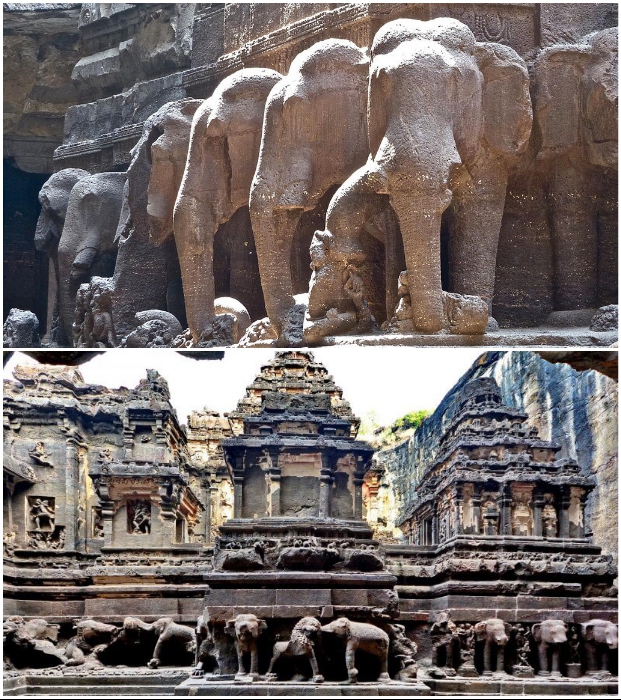 Самый фантастический индуистский храм на планете держится на статуях слонов и львов (Кайласанатха, Индия).