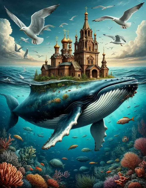 Огромный кит на поверхности океана, на спине кита древнерусский город