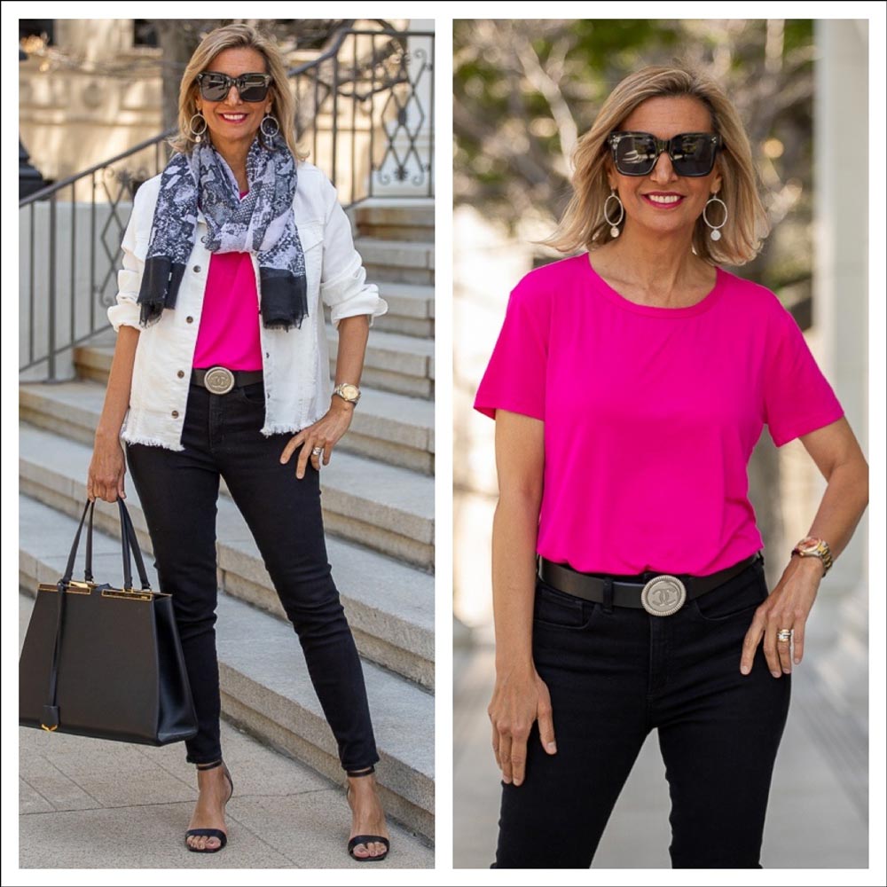 womens black and white outfit with a pop color of fushia