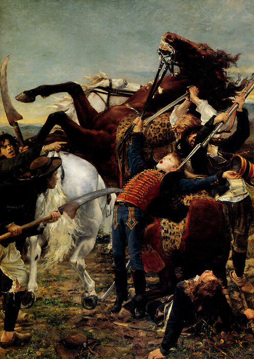 Наиболее вероятное применение косы в бою - укол (картина "Смерть Барра", изображающая убийство юного французского барабанщика-республиканца сторонниками монархии в 1793 г.).