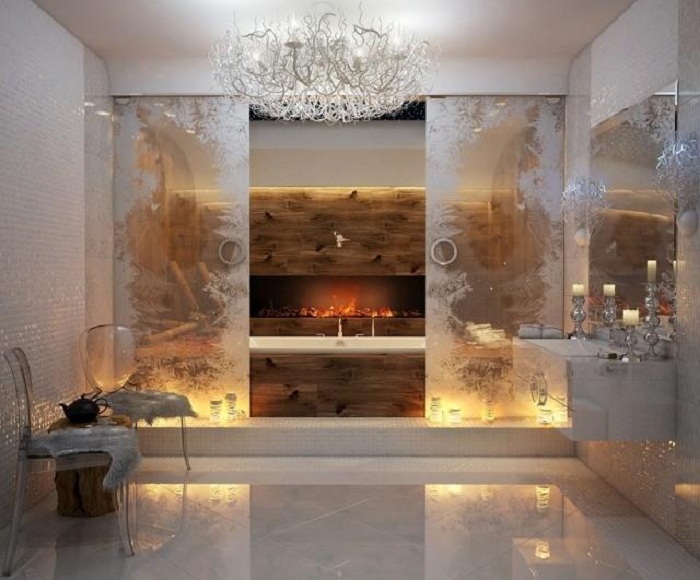 Яркое и очень теплое решение создать ванную комнату в оригинальным камином, что понравится.
