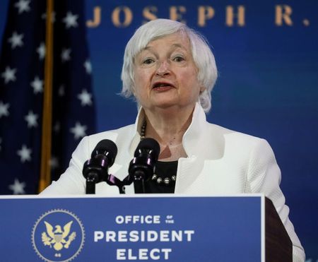 Janet Yellen, U.S. President-elect Joe Biden's nominee to be treasury secretary, speaks as Biden announces nominees and appointees to serve on his economic policy team at his transition headquarters in Wilmington, Delaware, U.S., December 1, 2020. REUTERS/Leah Millis