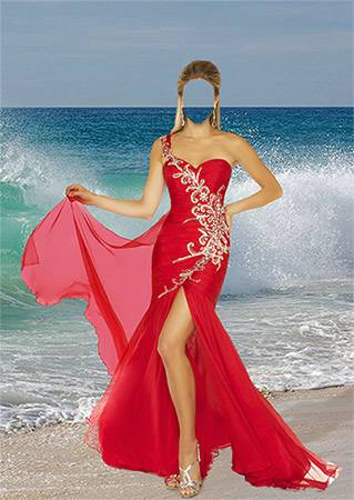 женский фотошаблон Девушка в красном платье на морском пляже