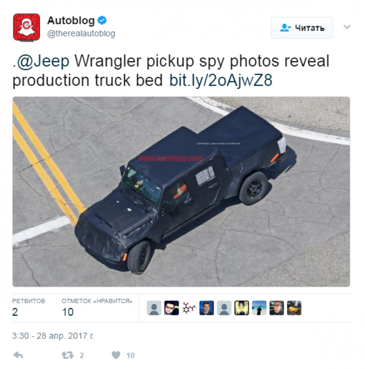 Новое фото легендарного пикапа Jeep Wrangler утекло в Сеть 