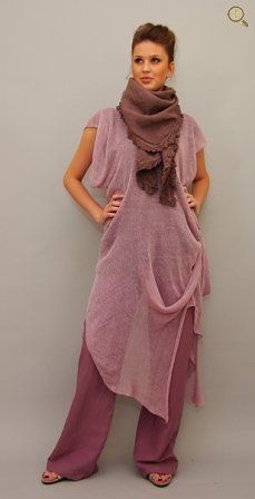 Gri-mauve chiffony asym dress over plum pants: 