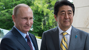 Президент России Владимир Путин и премьер-министр Японии Синдзо Абэ во время встречи в резиденции "Бочаров ручей"