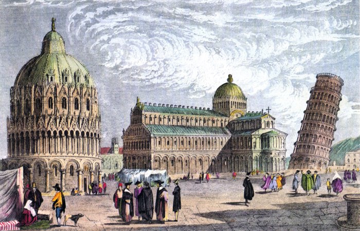 Пизанская башня на Площади чудес (Рисунок 1830 года). | Фото: rundetaarn.1642.dk. 