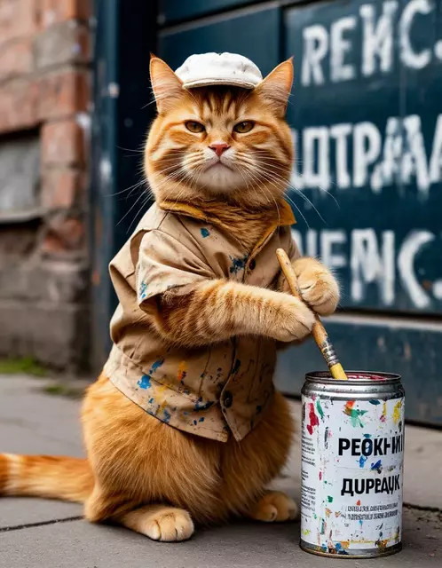 Довольный рыжий кот в одежде маляра с кистью и банкой белой краски
