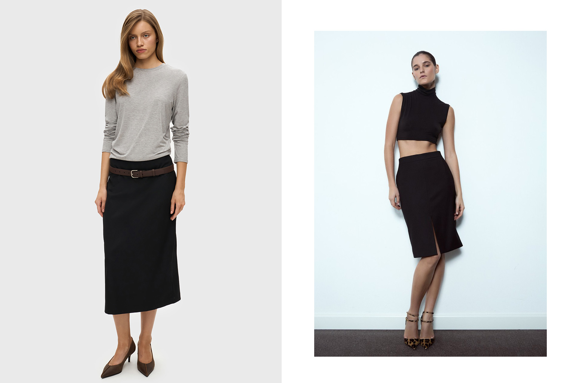 Слева: юбка миди без пояса / юбка-карандаш