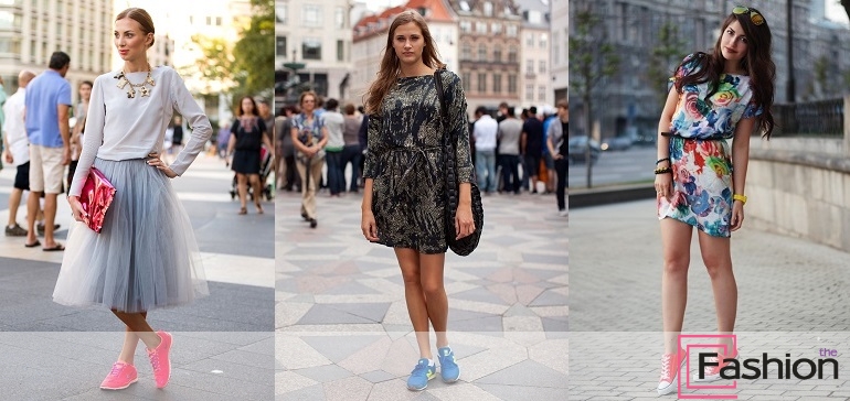 Платье с кроссовками и кедами: фото и доступные уроки моды для стильных дам