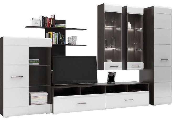 Модульная стенка</a></p>
<h3>Стенка-горка</h3>
<p>Модель является универсальным и самым популярным вариантом. Модульные системы включают шкафчик-купе, телевизионную тумбу, витрину, книжные стеллажи. Помимо функциональности, стенки-горки часто становятся настоящим украшением интерьера благодаря использованию подсветки, комбинированным материалам.</p>
<figure><a href=