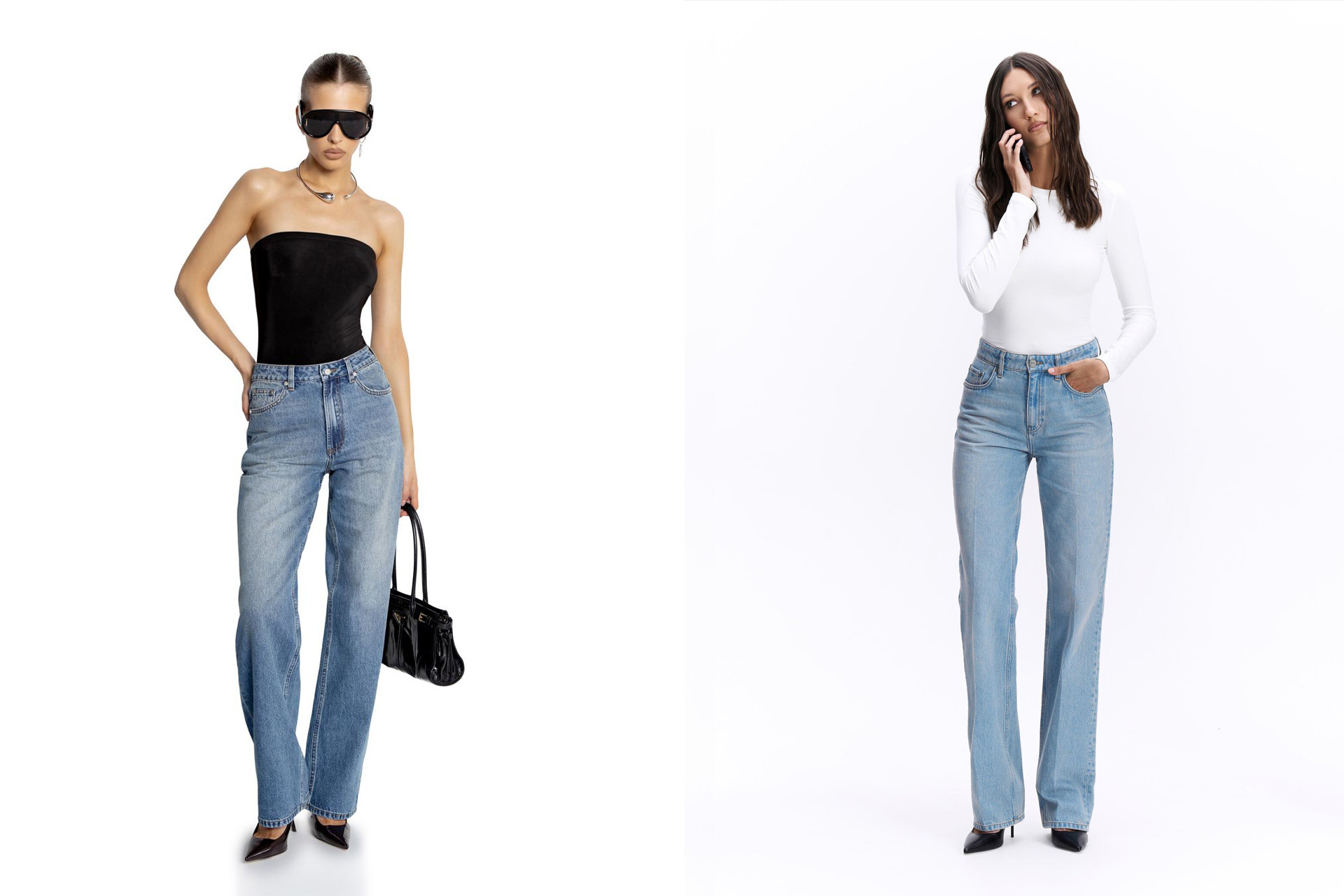 Слева: прямые джинсы на средней посадке