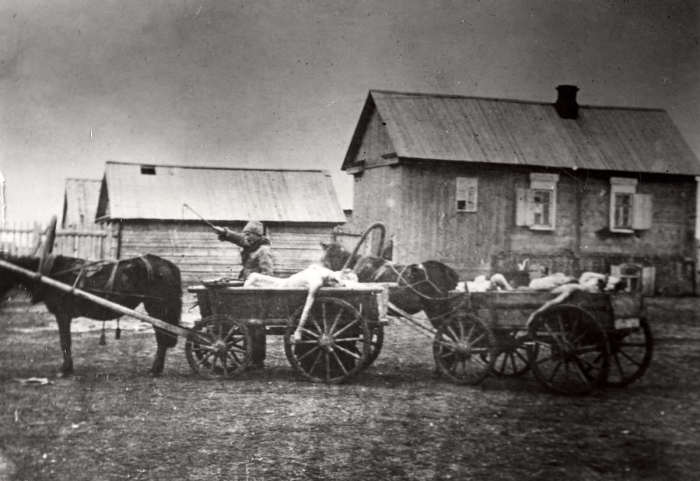 Вывоз погибших от голода на повозках на место массовых захоронений. Россия, 1921 год.