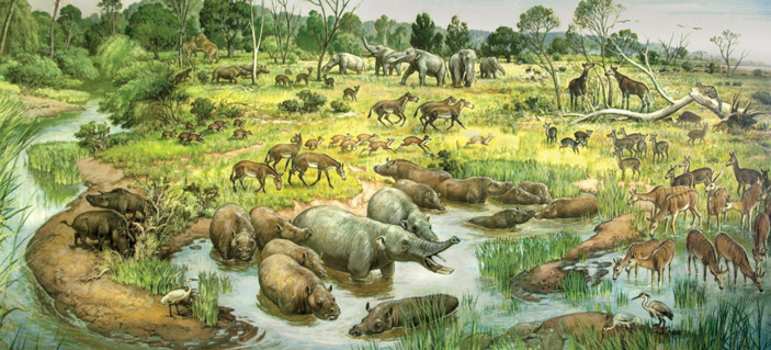 Рис. 2. Художественное изображение ландшафта и населявших его представителей гиппарионовой фауны в миоцене Северного Причерноморья