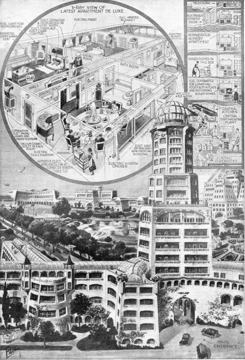 Художник-футурист Фрэнк Р. Пауль изобразил благоустроенные квартиры и дома, в которых будут жить люди в 2000 г. | Фото: interestingengineering.com.