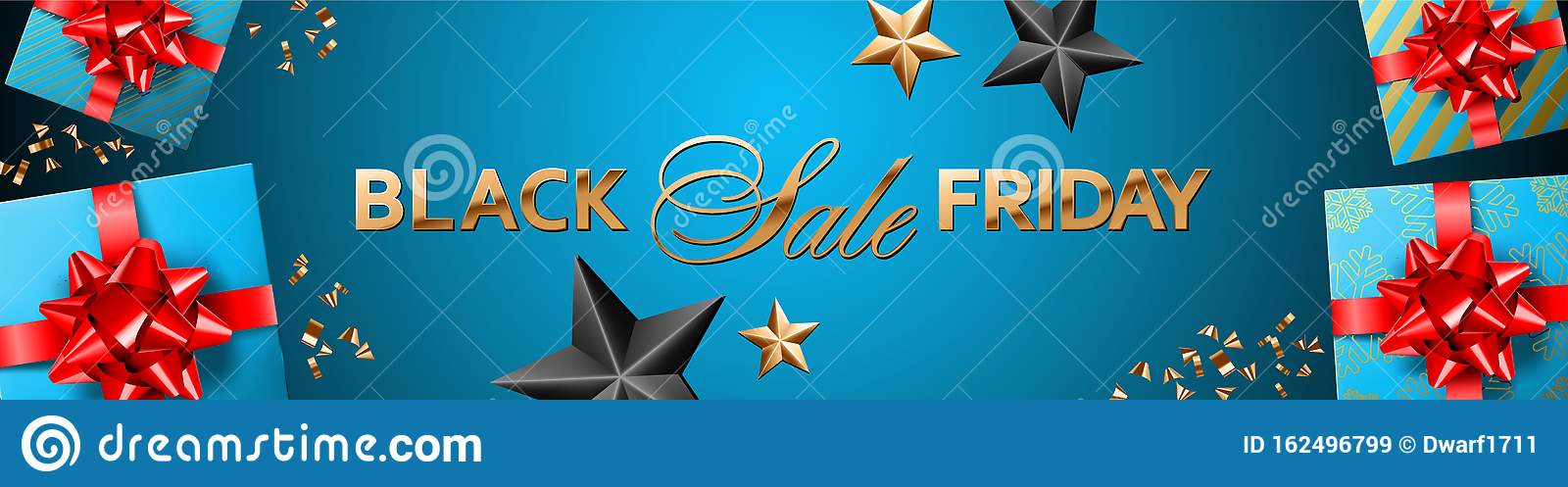 Black Friday Sale golden lettering on sky blue gradient background. website header or banner vector template with blue-gold gifts with red bows and ribbons, confetti.
